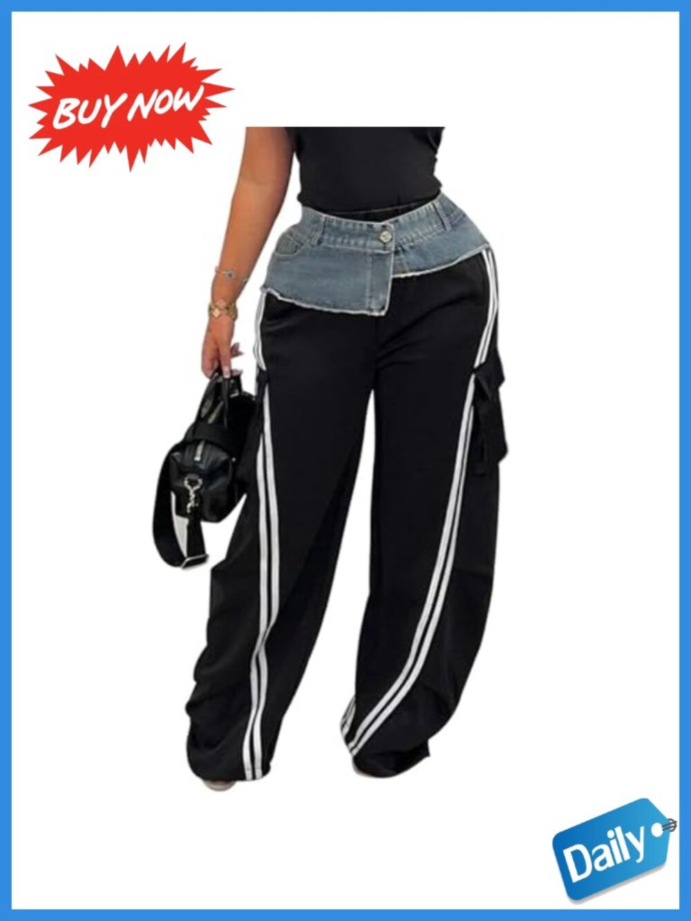 ThusFar Wide Leg Cargo Pants Denim Waistband Side Stripes Y2K Streetwear